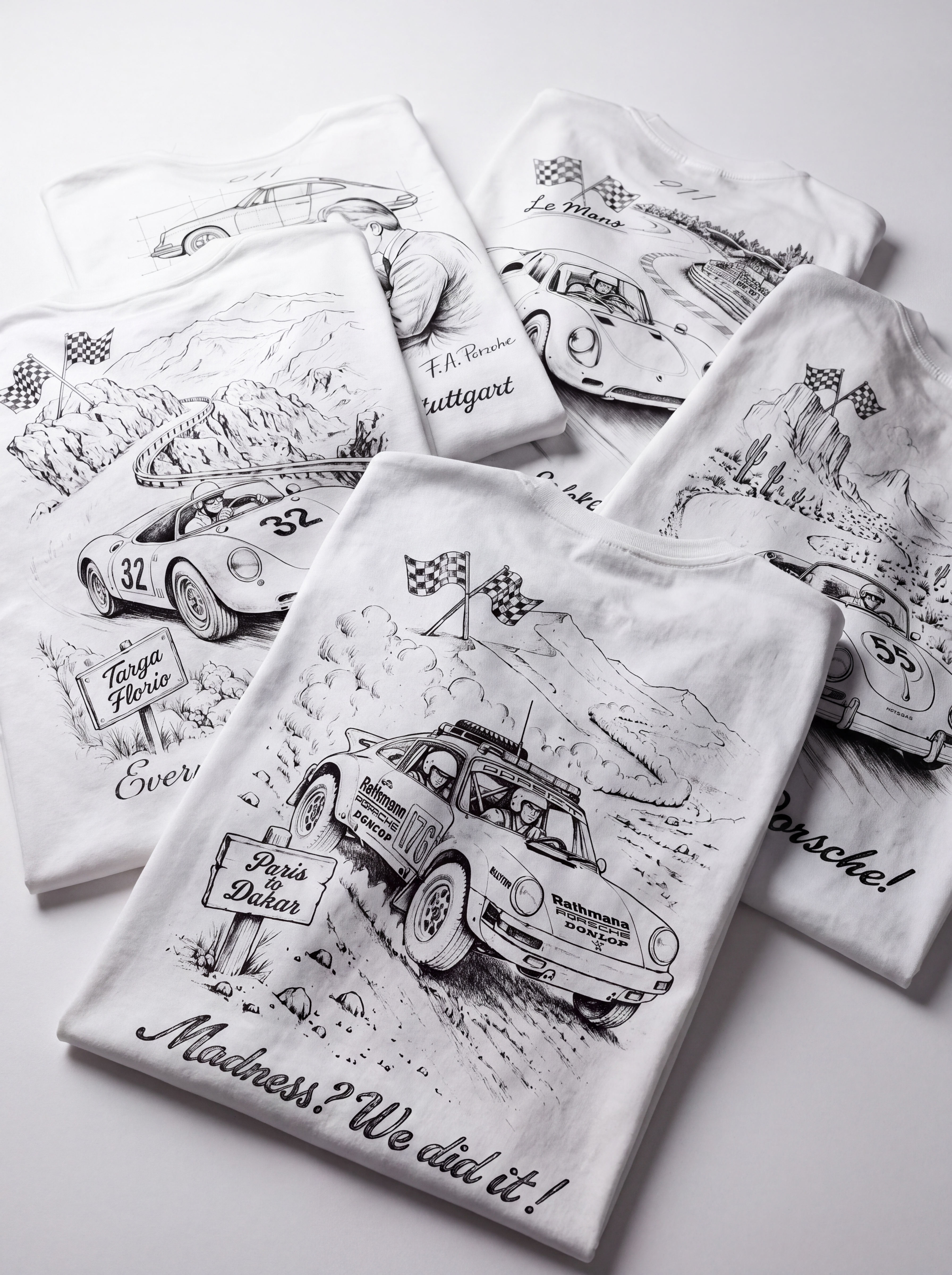 The five Heritage tees, folded and fanned out